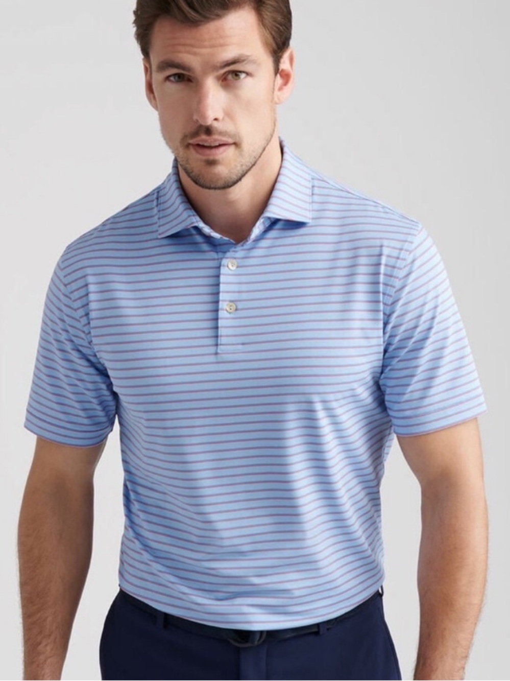 Peter Millar Summer Comfort Polo Golf Shirt Blue with Thin Blue Stripe Mens L